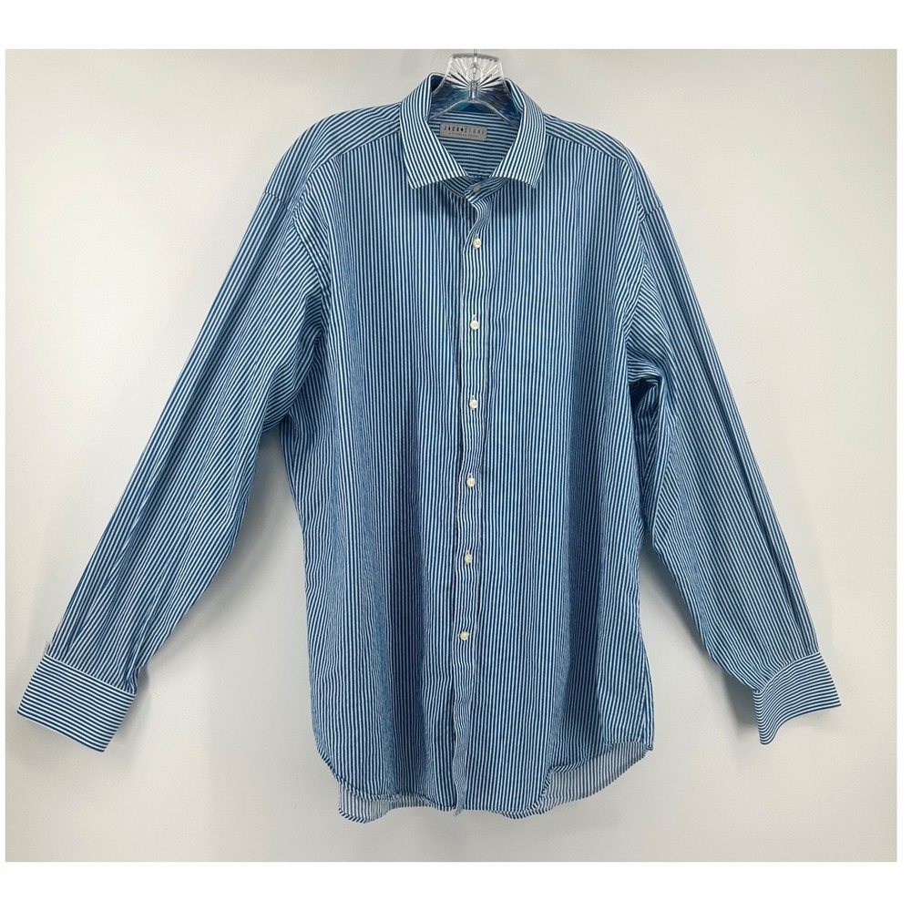Jack Stone by Thomas Dean Blue White Striped Cotton Button Down Shirt XL Womens